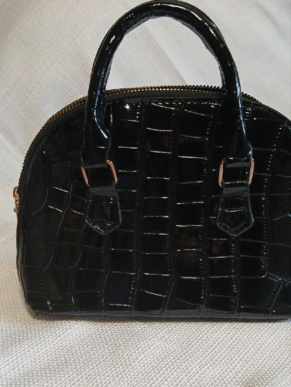 Glossy Black Croc-Embossed Dome Satchel with Top Handles